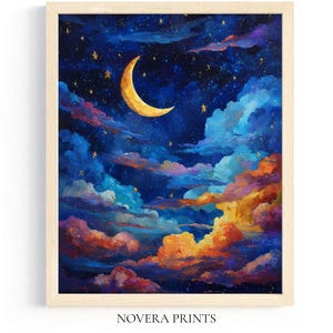 Starry Night Sky Print, Crescent Moon Oil Painting Style, Colorful Cloud Wall Art, Digital Night Landscape Download, Instant Download