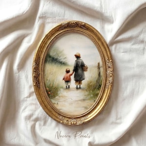 May include: An oval-shaped gold-toned ornate frame containing a painting of a child and an adult walking away on a path through a grassy field. The adult wears a dark coat and hat, while the child wears a red top. The text Novera Prints is visible.