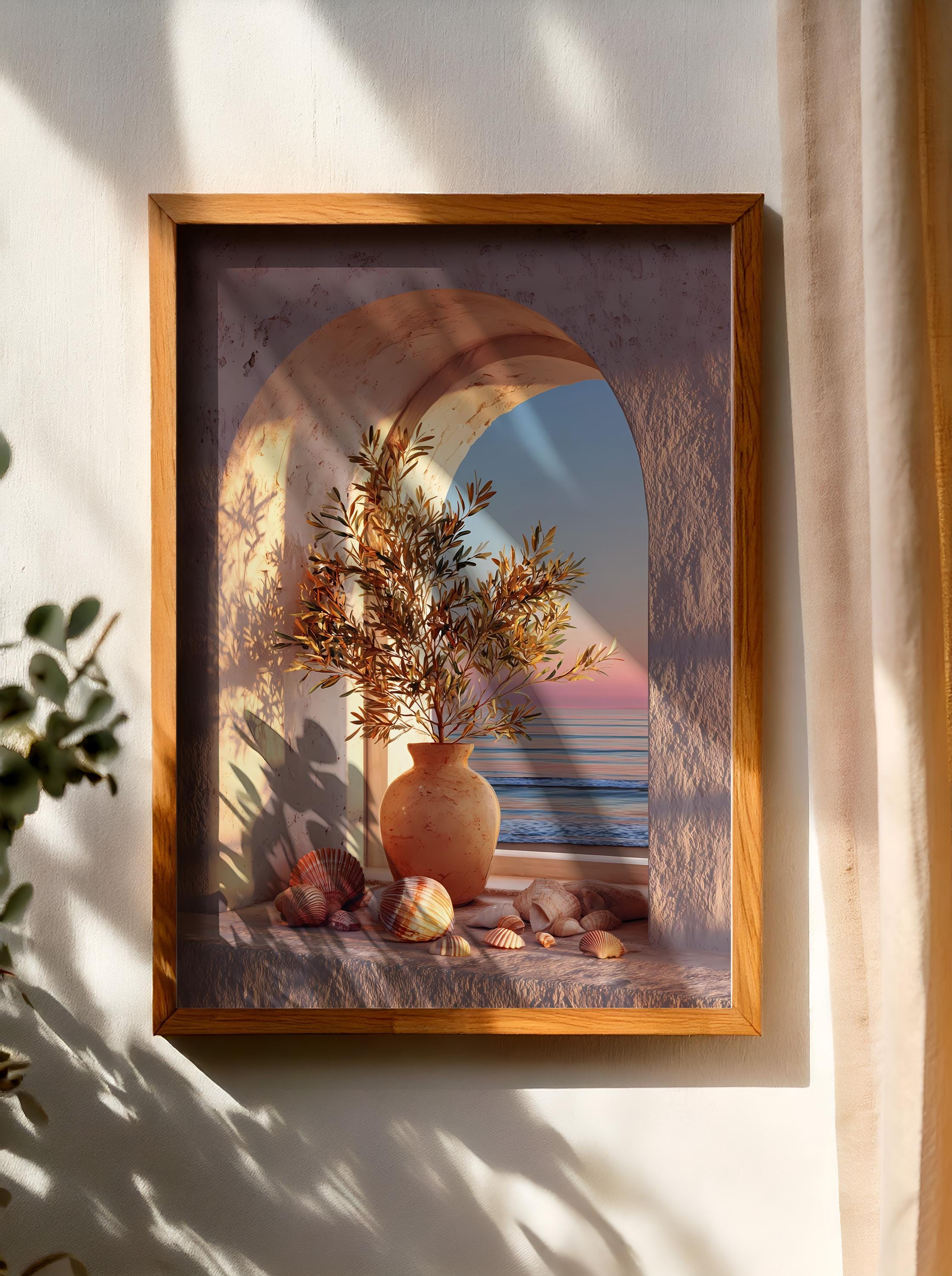 Visual Reference: Japandi Mediterranean Style Wall Art Print Olive Branch Vase Arched