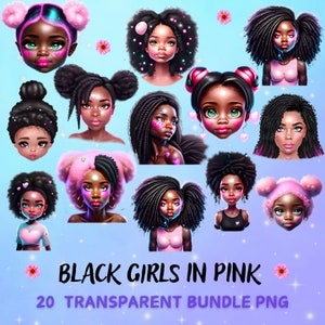 Paquete de diseño de sublimación transparente de 20 chicas negras en rosa PNG, niña afroamericana con moño desordenado / imágenes prediseñadas de mujeres, chicas de moda PNG