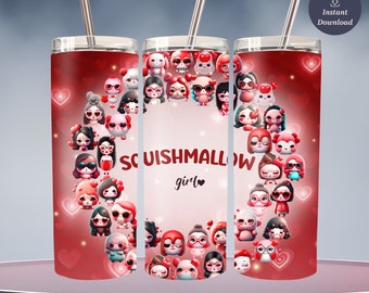 Cute Squishmallows Girl Valentines Skinny Tumbler PNG JPG, Valentines day gifts for kids printable, Squishy Kids Valentines Day Wrap PNG
