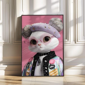 Pastell Punk Katzen Poster, 3D Cartoon weiße Katze mit rosa Brille & holografischer Jacke, rosa ästhetische Katzenwandkunst, trendige Katze zum Ausdrucken