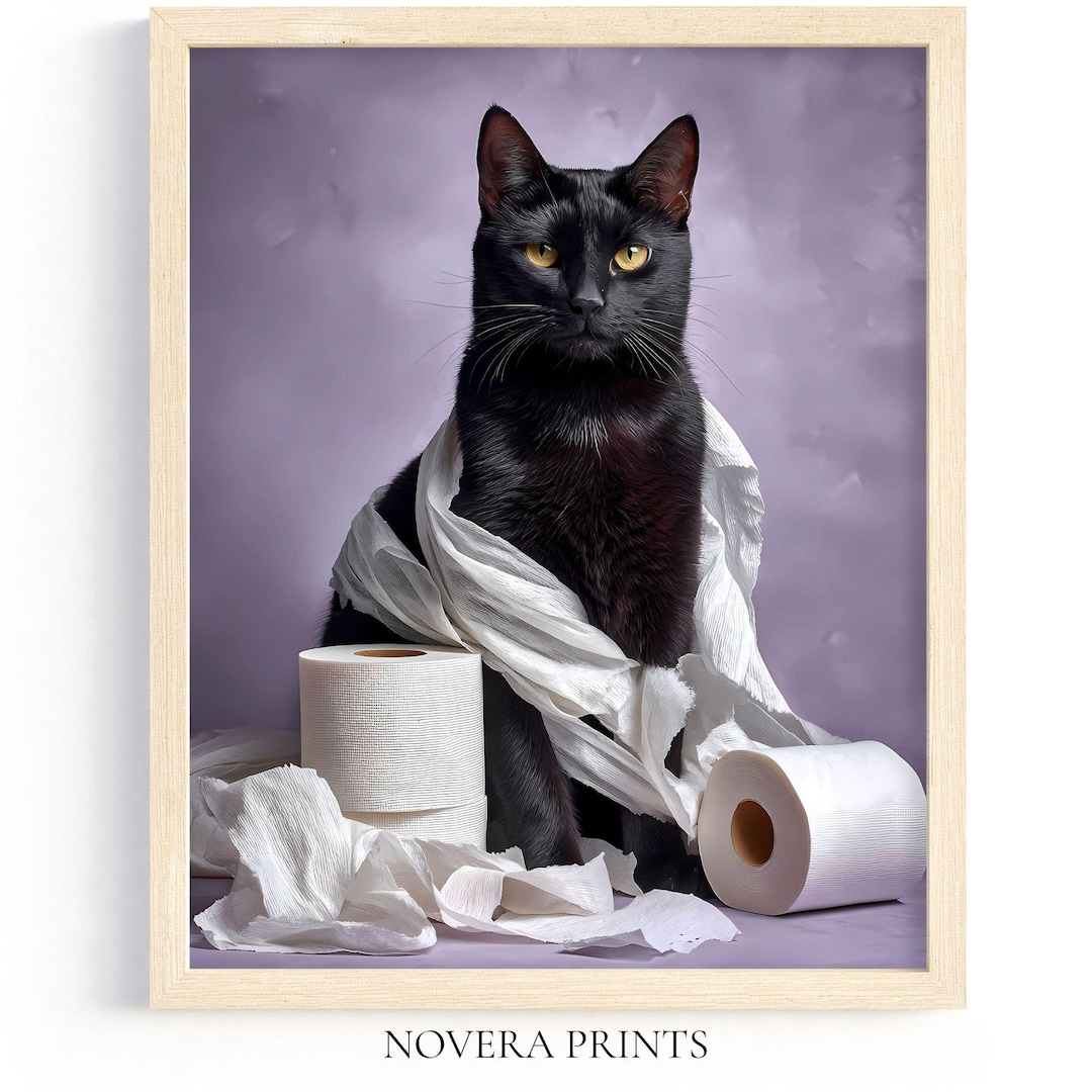Black Cat Wrapped in Toilet Paper Print, Funny Bathroom Wall Art ...