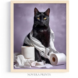 Black Cat Wrapped in Toilet Paper Print, Funny Bathroom Wall Art, Printable Bathroom Art, Black Cat Humor Print, Cat Lover Gift, AI Art