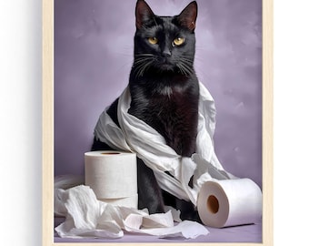 Impression de chat noir emballé dans du papier toilette, art mural drôle de salle de bain, art imprimable de salle de bain, impression d'humour de chat noir, cadeau pour amoureux des chats, art de l'IA