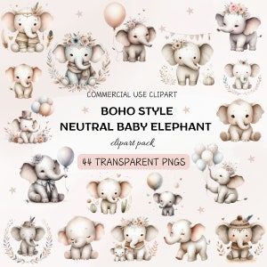 Clipart de elefante bebé neutro en acuarela, elefante bebé con globos y flores PNG, paquete de baby shower bohemio neutro, gráficos para guardería