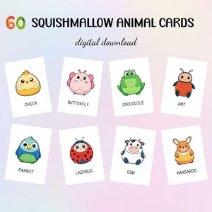 60 Squishmallow Tiere Montessori Flash Karten, Vorschulkarten, druckbare Lernkarten, niedliche Squishy Tiere, digitaler Download