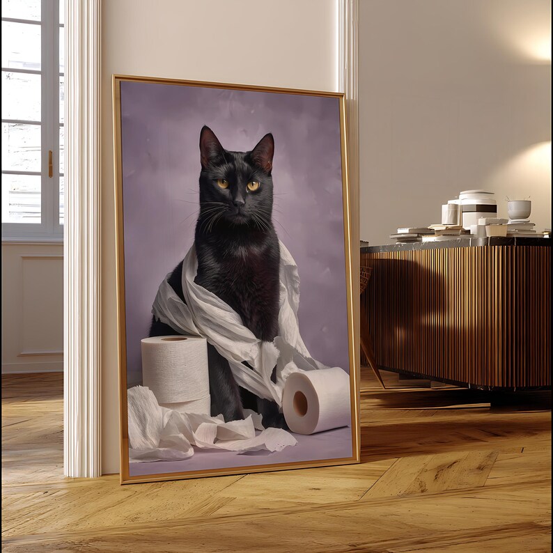 Black Cat Wrapped in Toilet Paper Print, Funny Bathroom Wall Art ...