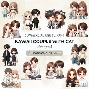 Joli couple Kawaii avec chat/chaton Transparent Sublimation Clipart Bundle PNG, Kawaii Anime Girl PNG, Couple Kawaii Saint Valentin Clipart