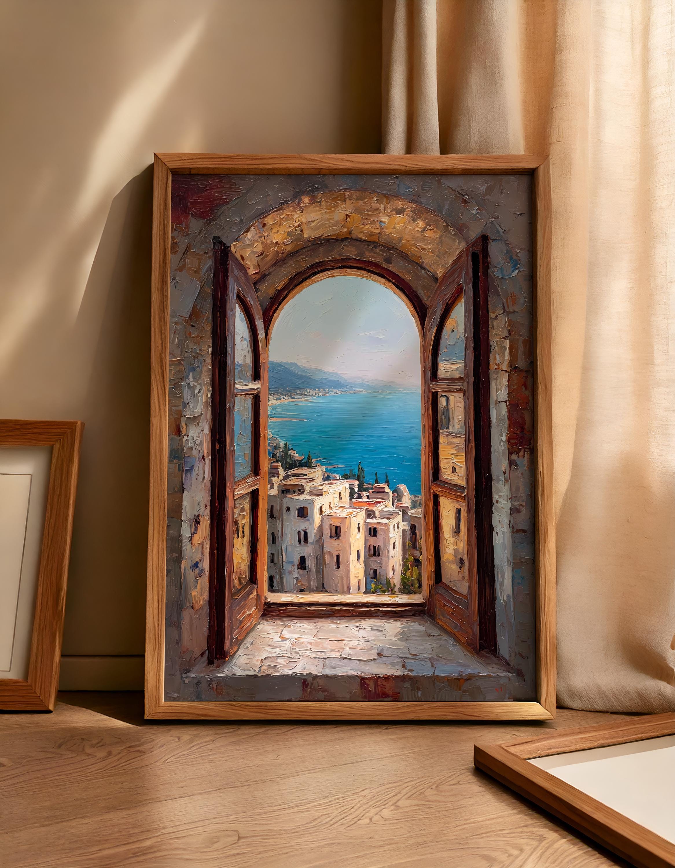 Mediterranean Window View Wall Art, Coastal Village Oil Painting Print ...