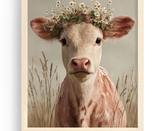 Boho Baby Cow with Wildflower Crown Art, Pink Baby Cow Wall Art, Soft Pastel Animal Print for Girl Nursery or Baby Shower Gift, Digital Art