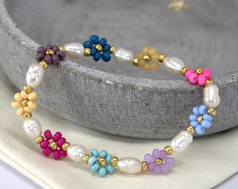 Pulsera de flores * Perla brillante, elegante pulsera con perlas de agua dulce, idea de regalo para novia, idea de regalo para madre, pulsera de verano, pulsera colorida