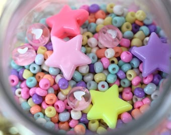 Mezcla de perlas * Helado feliz * Mezcla de perlas Rocailles pastel, Perlas de vidrio de colores, Mezcla de perlas, Mezcla de rocas, Corazón de perlas, Estrella de perlas