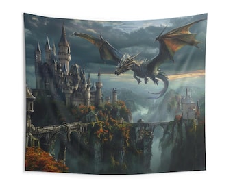 Majestic Dragon Castle Wall Tapestry: Fantasy Gaming Room Decor