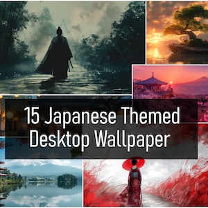May include: A collage of 15 Japanese-themed desktop wallpapers featuring images of a lone figure walking through a forest, a traditional Japanese pagoda, Mount Fuji, cherry blossoms, and a woman in a red kimono.