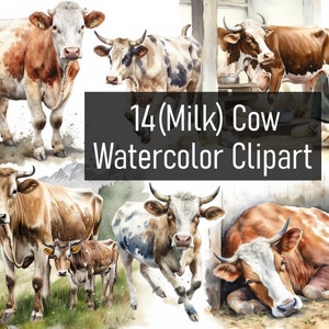 14 Watercolor (Milk) Cow Illustration Cliparts - Digital Download - Printable - Scrapbook - Sticker - Commercial Use