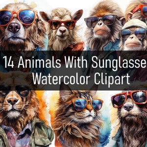 14 Watercolor Animals With Sunglasses / Shades Illustration Cliparts - Digital Download - Printable - Scrapbook - Sticker - Commercial Use