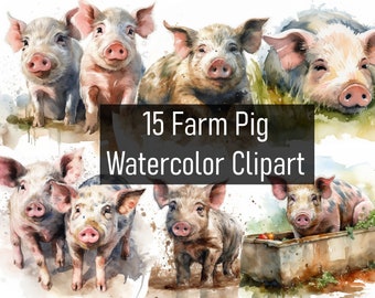 15 Watercolor Pig Illustration Cliparts - Digital Download - Printable - Scrapbook - Sticker - Commercial Use - Swine - Hog - Piglet