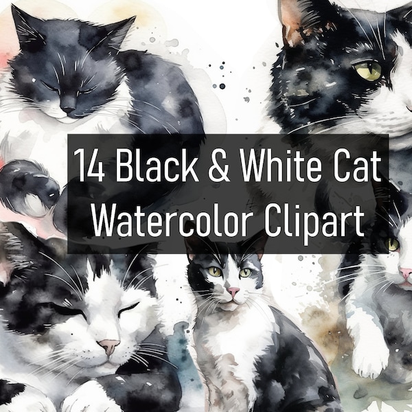 14 Watercolor Black and White Cat Illustrations Cliparts - Digital Download - Printable - Scrapbook - Poster - Commercial Use