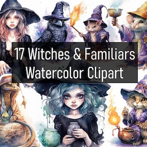 Könnte beinhalten: Aquarell-Clipart mit 17 Hexen und Begleitern. Die Illustrationen sind im verspielten Stil mit leuchtenden Farben und filigranen Details gehalten. Das Set enthält Hexen mit Katzen, Eulen, Mäusen und anderen magischen Kreaturen.
