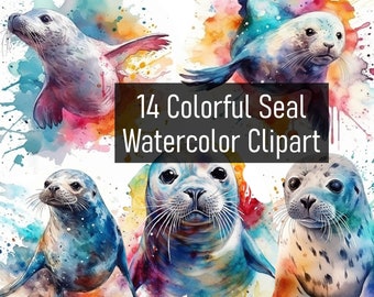 14 Watercolor Colorful Seal Illustrations Cliparts - Digital Download - Printable - Scrapbook - Poster - Cute & Adorable - Commercial Use