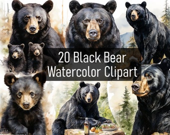 20 Watercolor Black Bear Illustration Cliparts - Digital Download - Printable - Scrapbook - Sticker - Cub - Crafting - Commercial Use