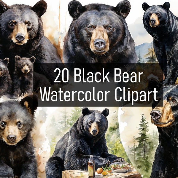 20 Watercolor Black Bear Illustration Cliparts - Digital Download - Printable - Scrapbook - Sticker - Cub - Crafting - Commercial Use