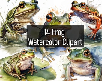 14 Watercolor Frog Illustrations Cliparts - Digital Download - Printable - Scrapbook - Poster - Commercial Use
