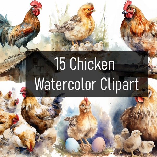 15 Watercolor Chicken / Hen / Rooster / Chicks Illustration Cliparts - Digital Download - Printable - Scrapbook - Sticker - Commercial Use