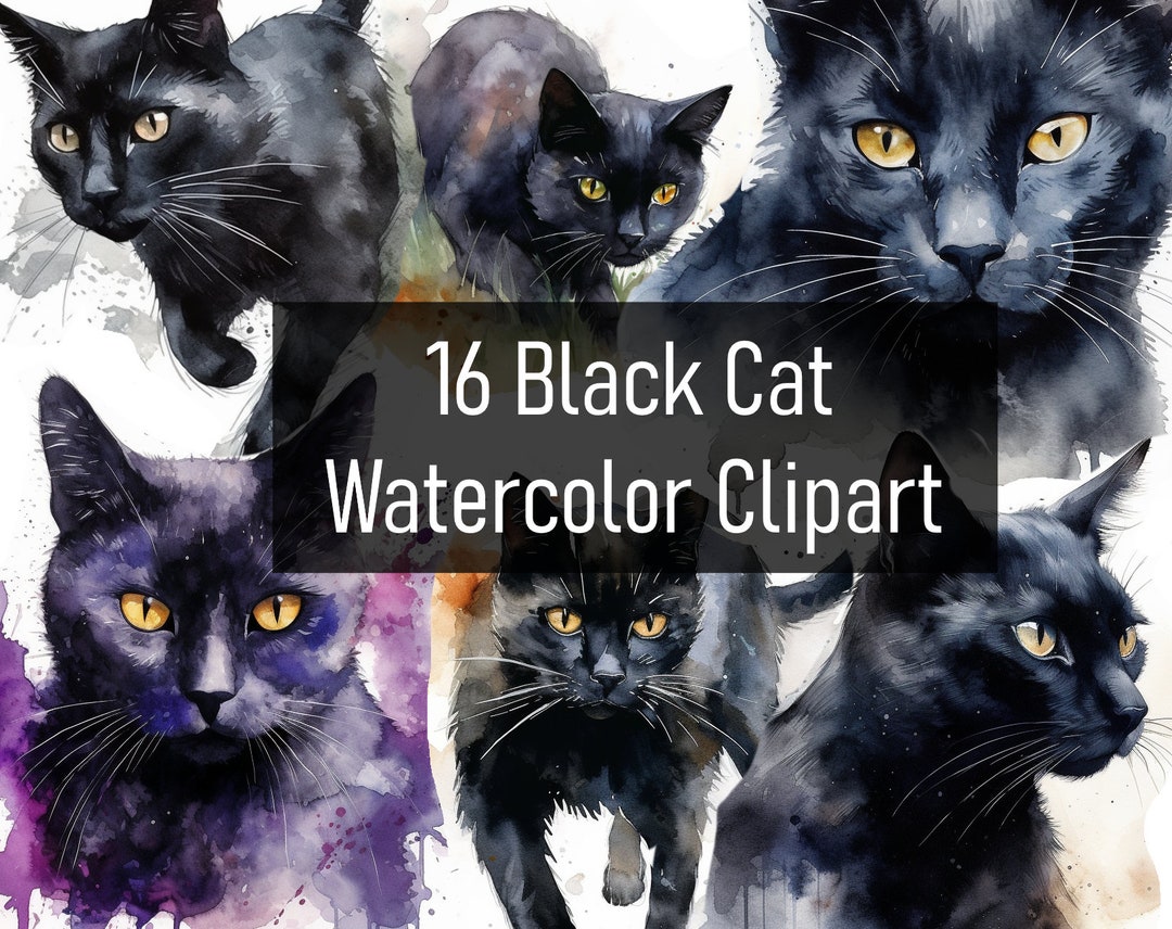 16 Watercolor Black Cat Illustrations Clipart - Digital Download ...