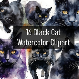 16 Watercolor Black Cat Illustrations Clipart - Digital Download - Printable - Scrapbook - Poster - Cute & Adorable - Commercial Use