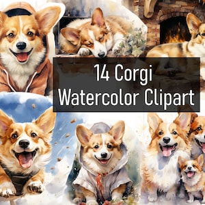 14 Aquarell Corgis Hund Illustration Cliparts - Digital Download - Printable - Scrapbook - Aufkleber - kommerzielle Nutzung - niedlich - niedlich - Welpe