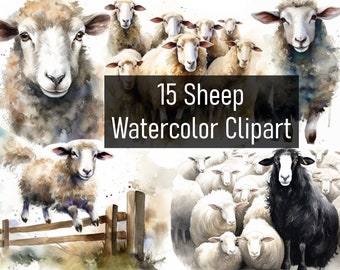 15 Watercolor Sheep Illustration Cliparts - Digital Download - Printable - Scrapbook - Sticker - Commercial Use