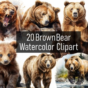 20 Watercolor Brown Bear Illustration Cliparts - Digital Download - Printable - Scrapbook - Sticker - Cub - Crafting - Commercial Use