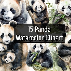 15 Watercolor Panda Illustrations Cliparts - Digital Download - Printable - Scrapbook - Poster - Cute & Adorable - Commercial Use