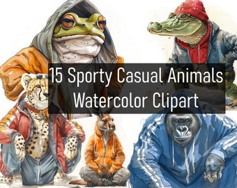 15 animales de acuarela con atuendos deportivos casuales ilustración imágenes prediseñadas - Descarga digital - Imprimible - Álbum de recortes - Pegatina - Uso comercial