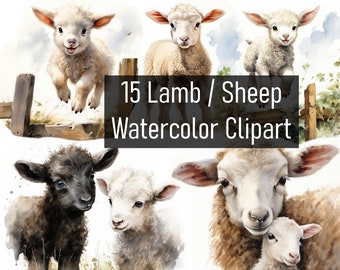 15 Watercolor Lamb & Sheep Illustration Cliparts - Digital Download - Printable - Scrapbook - Sticker - Commercial Use - Cute Adorable