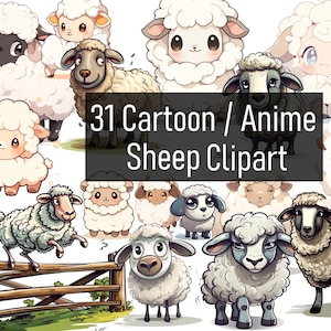 31 Sheep Cartoon / Anime Illustrations Cliparts - Digital Download - Printable - Scrapbook - Poster - Cute & Adorable - Commercial Use