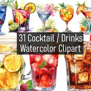 31 Watercolor Cocktail / Drinks / Juices - Refreshing - Illustration Clipart - Digital Download - Printable - Scrapbook - Commercial Use