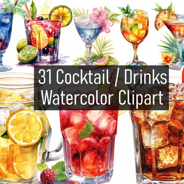 31 Watercolor Cocktail / Drinks / Juices - Refreshing - Illustration Clipart - Digital Download - Printable - Scrapbook - Commercial Use