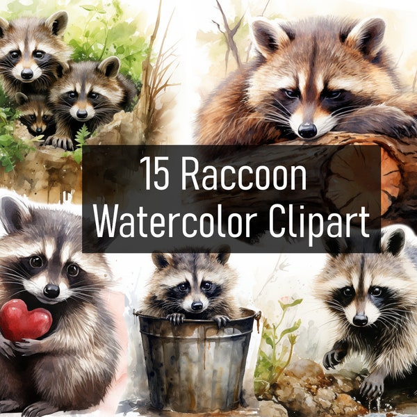 15 Watercolor Raccoon Illustration Cliparts - Digital Download - Printable - Scrapbook - Sticker - Commercial Use - Trash Panda (joke) cute