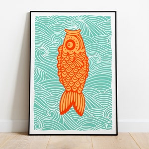 Orange Koinobori Japanese Style Fish Original Illustration Poster Print, Gallery Wall, Digital Print, Exhibition Print, DIGITAL DOWNLOAD