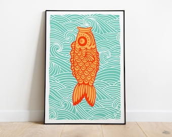 Orange Koinobori Fish Print, Japanese Illustration (Digital Download)