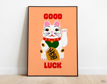 Orange ‘Good Luck’ Cat Maneki Neko Japanese Style Original Illustration Poster Print, Gallery Wall, Exhibition Print, DIGITAL DOWNLOAD
