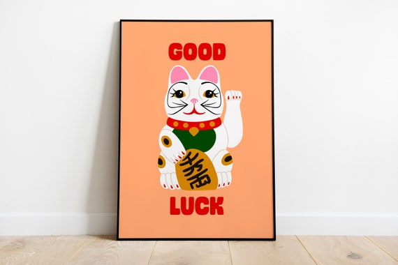 Maneki Neko Print, Orange Lucky Cat Illustration (digital Download