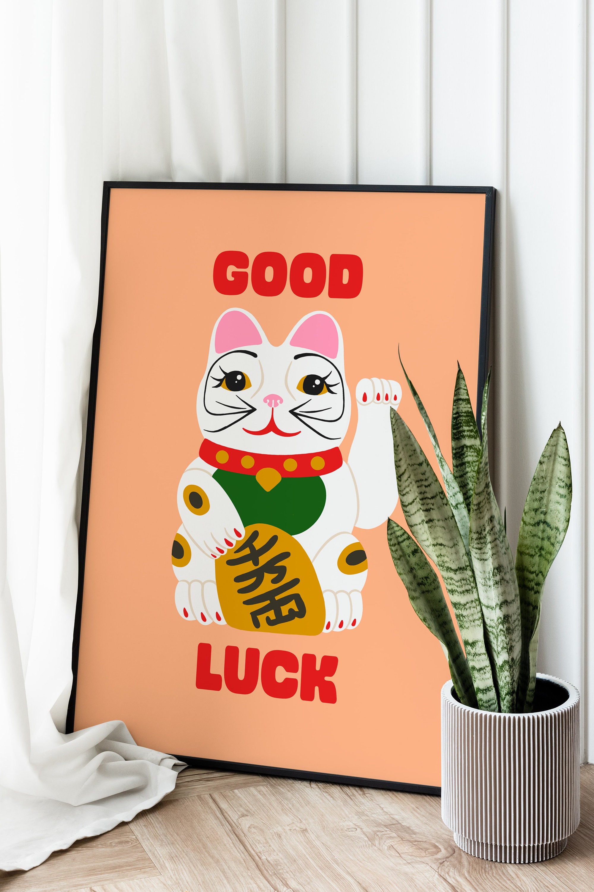 Maneki Neko Print, Orange Lucky Cat Illustration (digital Download