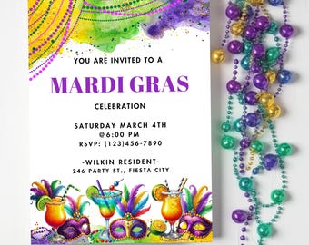 May include: A Mardi Gras invitation with watercolour accents and the text "YOU ARE INVITED TO A MARDI GRAS CELEBRATION." The invitation includes event details and is decorated with cocktail illustrations and masks. A strand of beads is on the right.