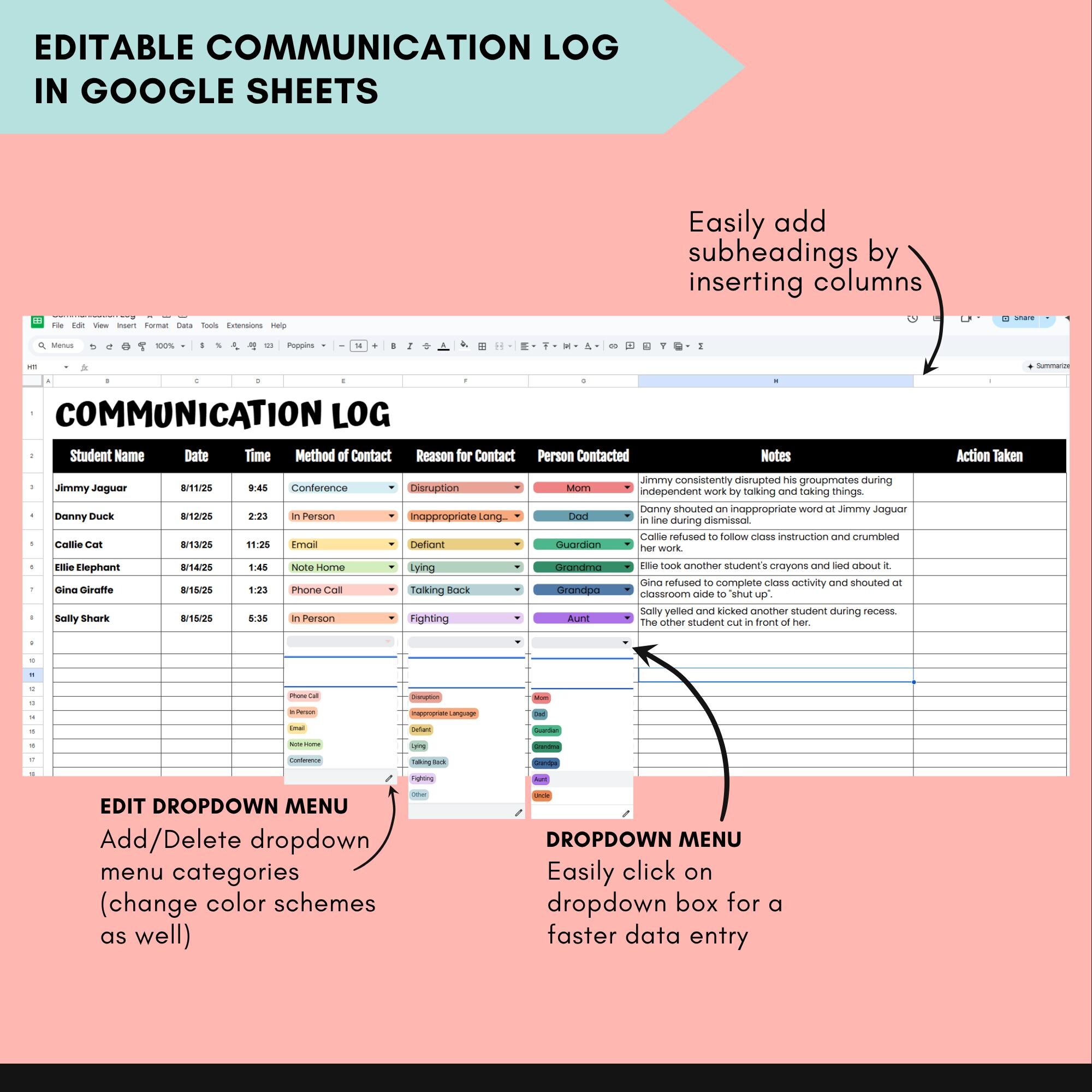 Digital Parent Communication Log for Teacher Google Sheets Template ...