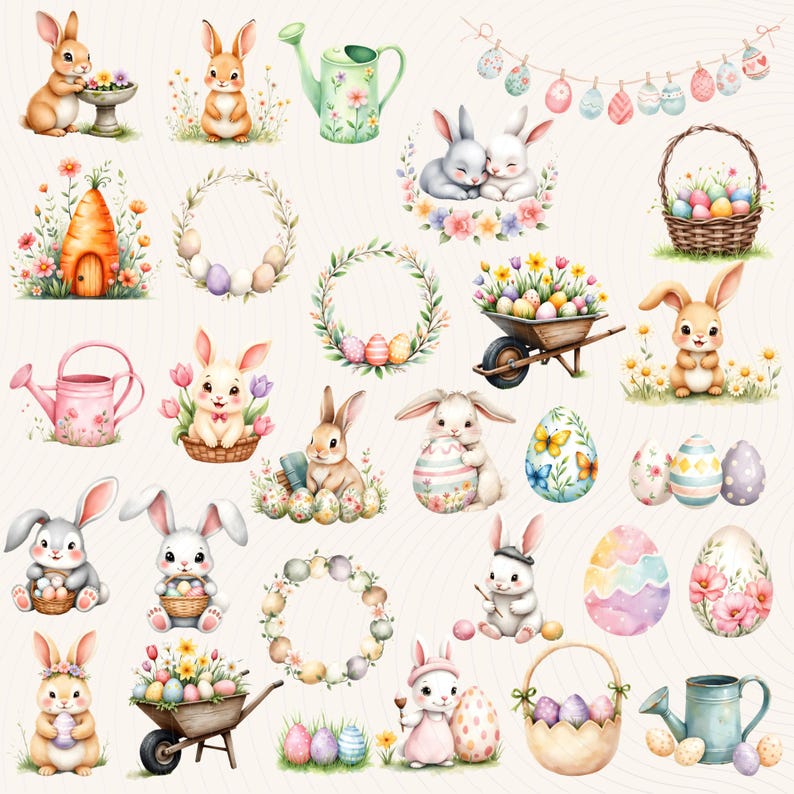 Easter Bunny Clipart Bundle PNG, Cute Spring Watercolor Bunnies Clipart ...