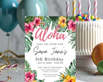 Luau birthday invitation template editable Hawaiian Luau theme invitation Tropical Summer Pool party pineapple customizable birthday invite
